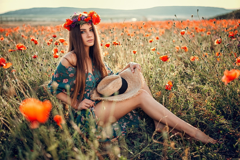 portrait, plant, women, hat, flowering plant, beautiful woman, young adult, hair, Evgeny Freyer, flowers, long hair, plants, one person, fashion, legs