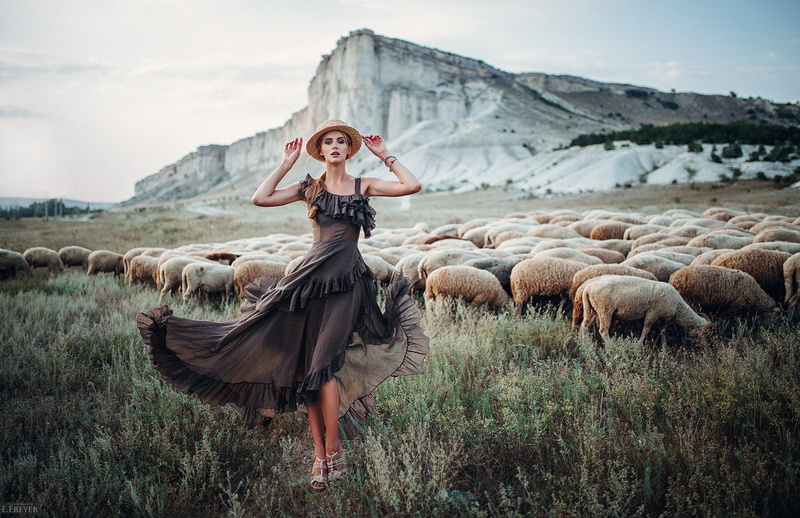 hat, women outdoors, dress, Evgeny Freyer, clothing, high heels, hair, one person, women, grass, hairstyle, looking at camera, beauty, sheep, nature, full length