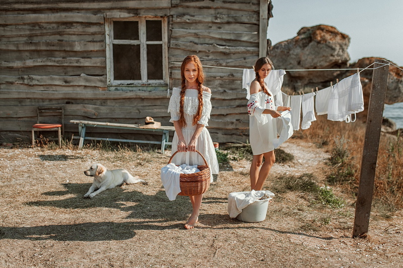 Evgeny Freyer, women, two women, baskets, dress, pet, braids, women outdoors, white dress, barefoot, dog, redhead, model, bare shoulders, 1080P, laundry