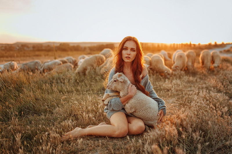 animals, Evgeny Freyer, barefoot, sheep, women outdoors, women, nature, 1080P, model