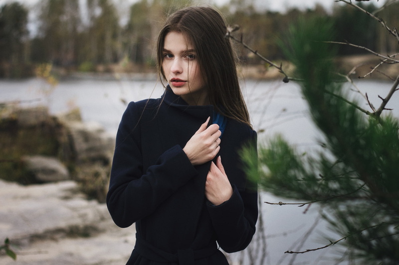 young, autumn, gesture, brown hair, with slightly overcast, handle, scarf, pretty, face, girl, mood, beauty, spruce, clothing, portrait, lake, Jeanne Khudyakov