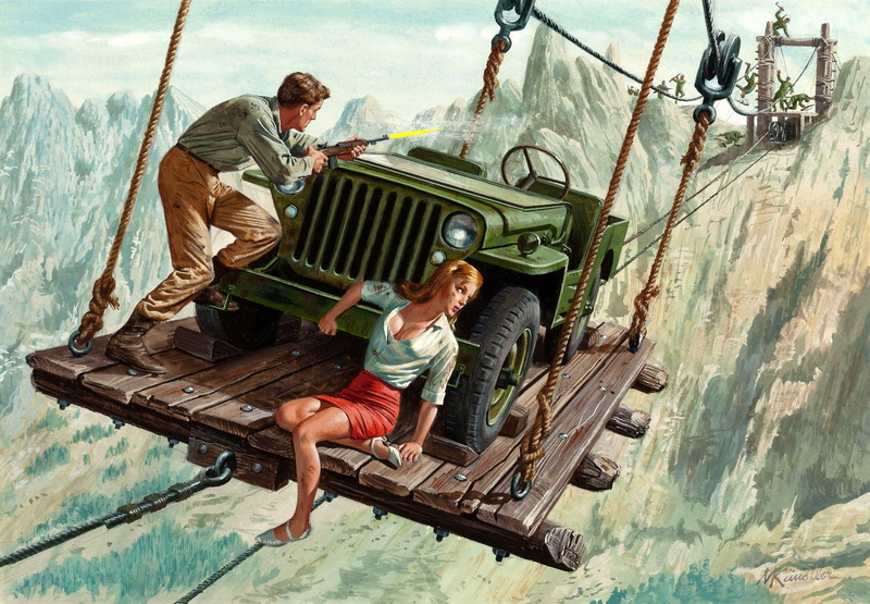 male, Jeep, chase, Mort Künstler, crossing, 2K, Willys MB, girl