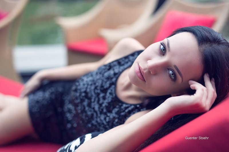 depth of field, Guenter Stoehr, women, Angelina Petrova, brunette, dress, blue eyes, 1080P, model, face