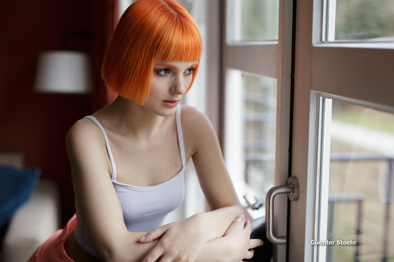 window, model, portrait, women, white tops, short hair, 1080P, Guenter Stoehr