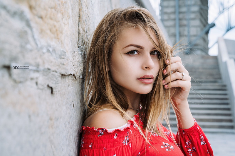 1080P, looking, contemplation, Daria Klepikova, architecture, teenager, innocence, hair, stairs, portrait, headshot, leisure activity, touching hair, fashion