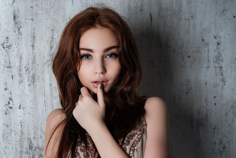 Daria Klepikova, model, blue eyes, long hair, indoors, face, painted nails, brunette, pink lipstick, portrait, wall, Renata Valliulina, 2K, women, looking at viewer