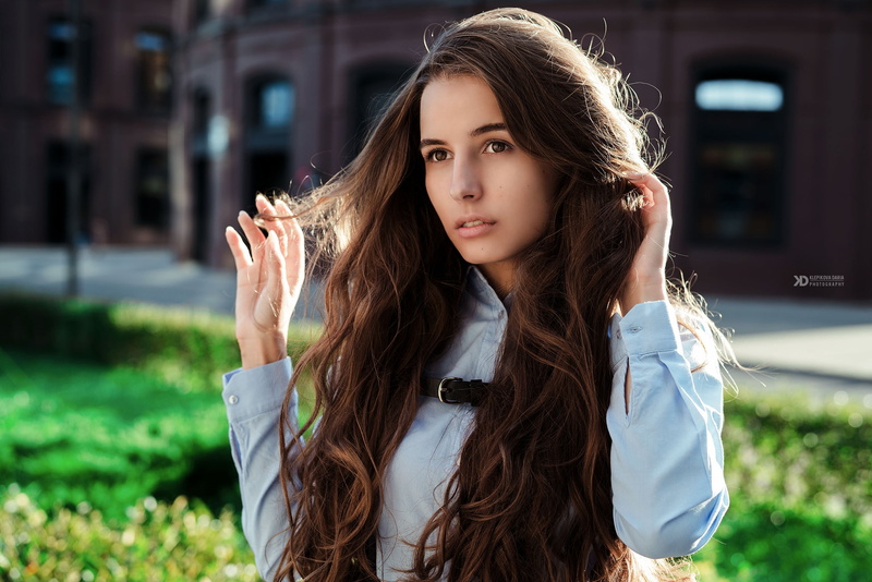 long hair, model, outdoors, women outdoors, touching hair, women, shirt, 2K, brunette, depth of field, looking away, portrait, Daria Klepikova, brown eyes