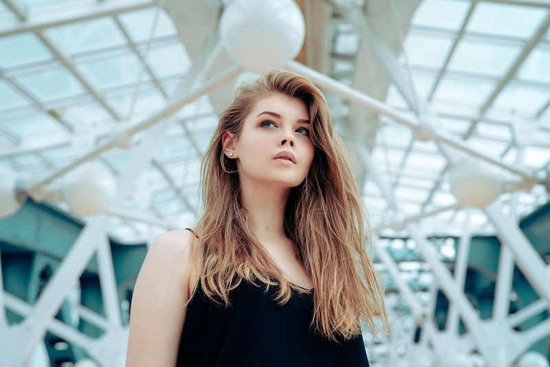 model, makeup, Daria Klepikova, pose, in black, bokeh, Nastya, hairstyle, blonde, portrait, 1080P, beauty