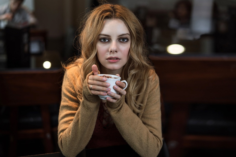 hairstyle, portrait, brown hair, look, makeup, sitting, bokeh, model, Alexandra, at the table, Daria Klepikova, 1080P, Cup, pose