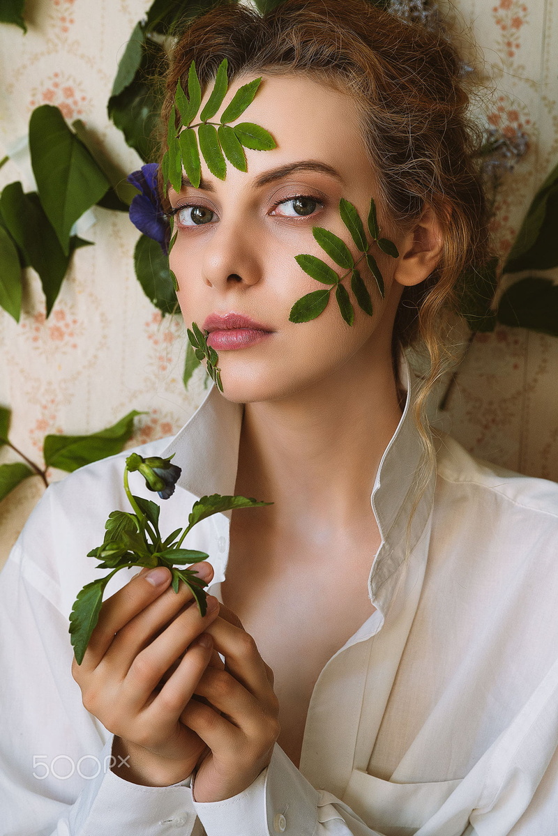 flowers, leaves, 1080P, Daria Klepikova, women, white clothing, brunette, shirt, makeup, lipstick, plants, looking at viewer, portrait