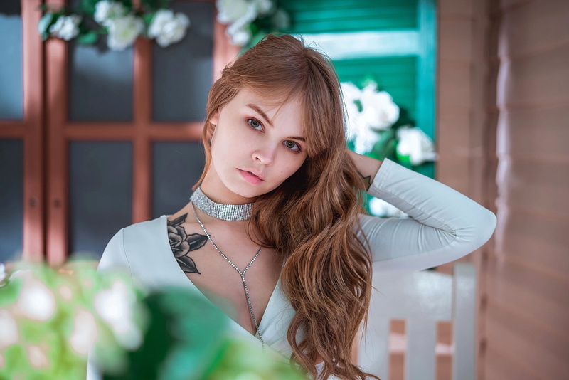tattoo, necklace, is, beauty, dress, look, hairstyle, bokeh, in white, portrait, Anastasia Shcheglova, makeup, brown hair, Daria Klepikova, model, pose