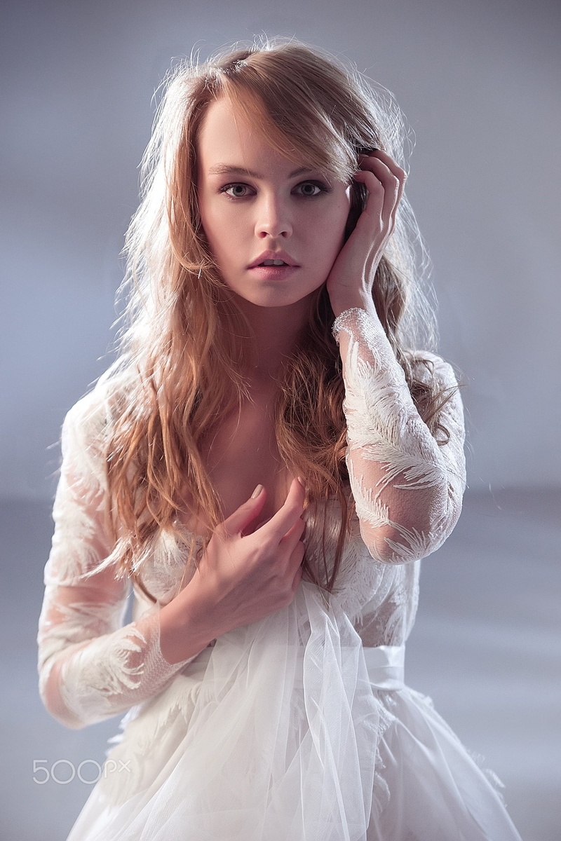 white clothing, looking at viewer, Anastasia Scheglova, wedding dress, blonde, long hair, women, simple background, 1080P, Daria Klepikova