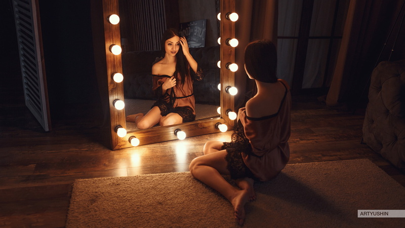 indoors, night, illuminated, adult, people, brunette, beautiful woman, lifestyles, bare shoulders, Anton Artyushin, light bulb, two people, young women
