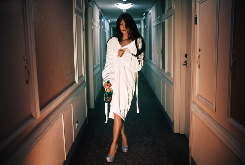 adult, young adult, open mouth, clothing, corridor, full length, beautiful woman, champagne, women, arcade, long hair, model, one person, 1080P, hair