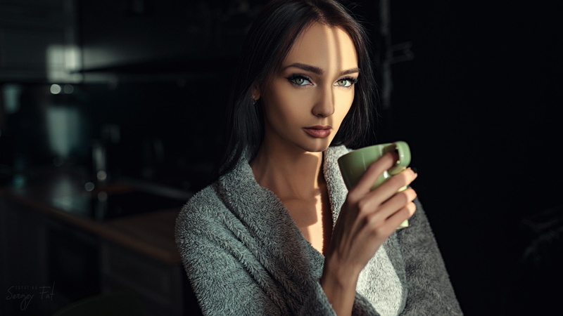 brunette, 1080P, model, eyes, women, long hair, straight hair, women indoors, looking at viewer, Kseniya Alekseevskaya, face, bathrobes, Sergey Fat