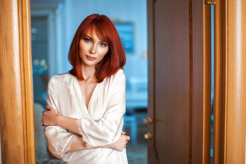 women, portrait, bathrobes, redhead, depth of field, Liliya Sergeeva, blue eyes, 1080P
