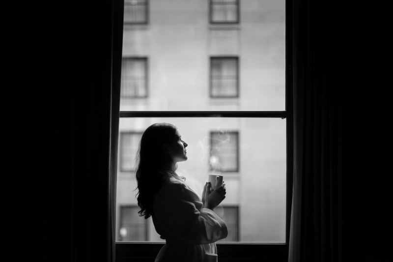 window, Bathrobe, transparent, Room, standing, glass - material, holding, side view, profile view, Black and White, women, one person, Womens Day, lifestyles