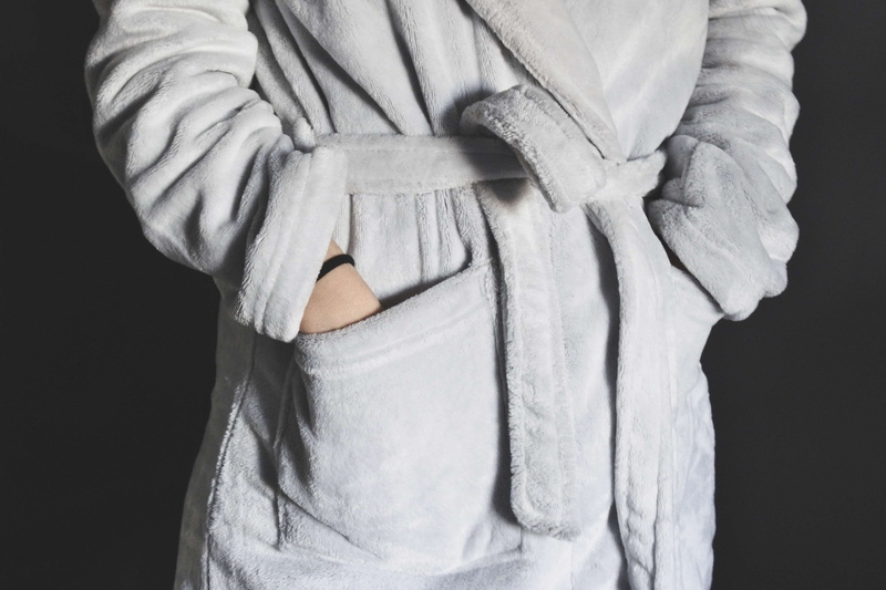 midsection, robe, one person, bathrobe, healthy lifestyle, gray, 4K, front view, clothing, wear, indoors, lifestyles, standing, black background, towel