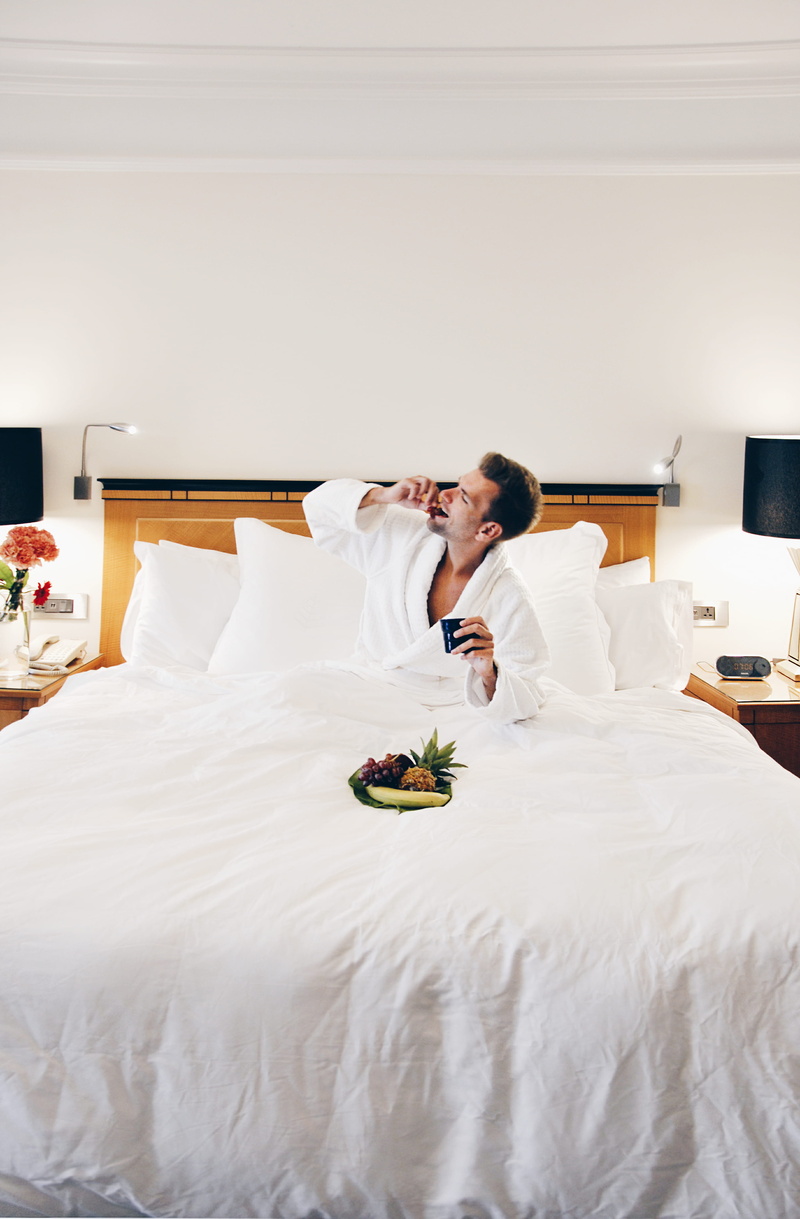 one person, bathrobe, flower, bed, relaxation, white color, lifestyles, sitting, women, man, comfortable, travel, wearing, fruits, 4K, morning, food and drink