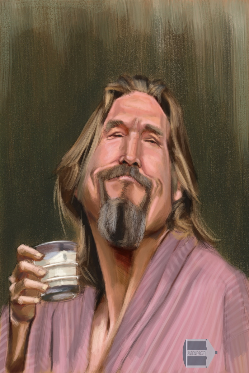 painting, 2K, Long Hair, Jeff Bridges, beard, Portrait Display, The Dude, Bathrobes, digital art, men, Caricature, drink, face, The Big Lebowski