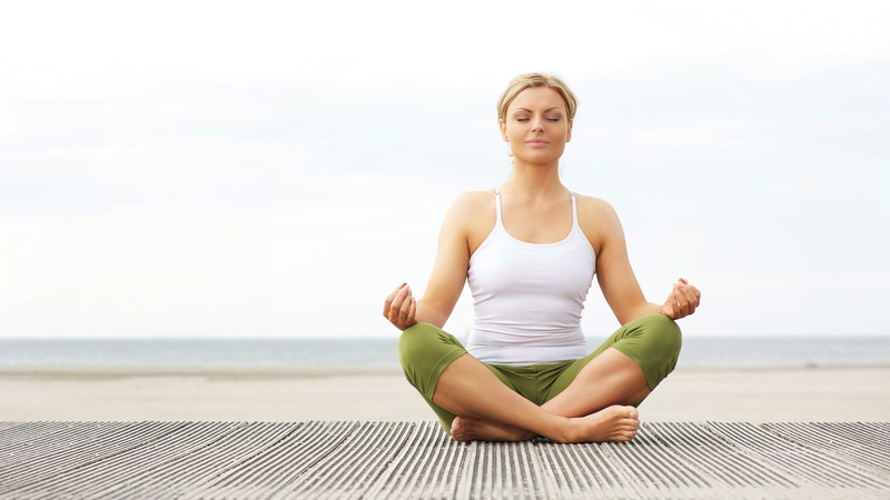 balance, white, slim, focus - Concept, eyes Closed, beautiful woman, sea, sitting, breathing Exercise, body Care, summer, beach, spirituality, one Woman Only