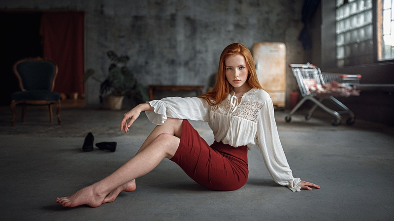 feet, hips, pale, women, 720P, skirt, Georgy Chernyadyev, redhead, on the floor, freckles, Katya Voronina, white tops, legs