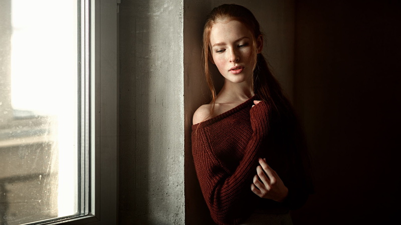 1080P, hairstyle, looking at camera, home interior, beautiful woman, window, beauty, sweater, portrait, long hair, depression - sadness, young adult, waist up
