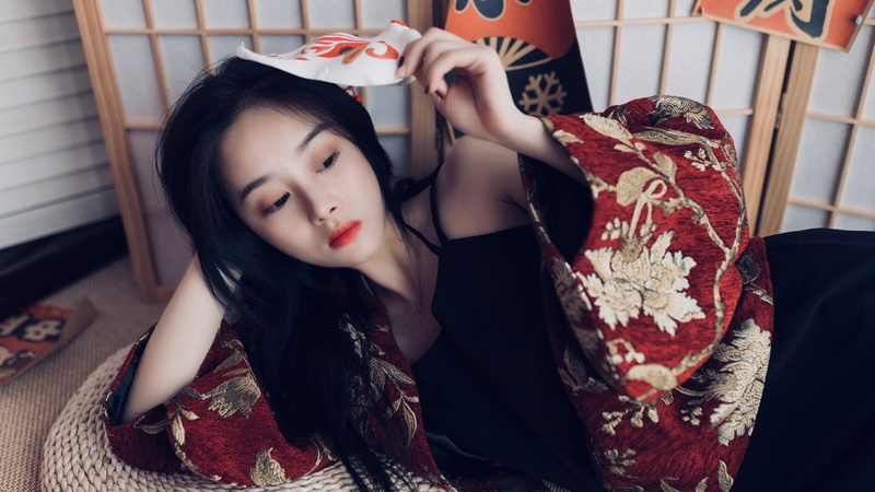 Asian, women, traditional clothing, lying on side, 1080P, red lipstick, black hair