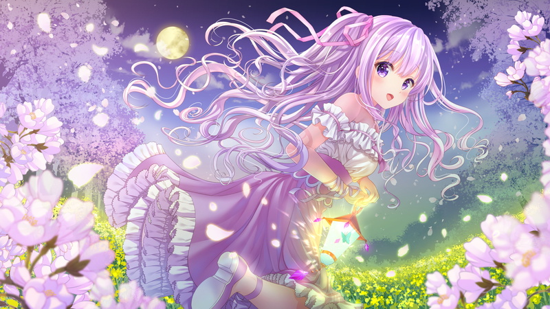 anime, dress, long hair, ribbon, 4K, purple eyes, nature, flowers, anime girls, purple hair