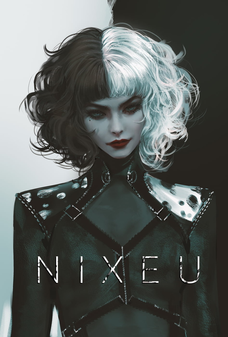 Nixeu, black hair, Cruella de Vil, white hair, illustration, women, artwork, digital art, Emma Stone, 720P, latex, Disney, fan art, Cruella