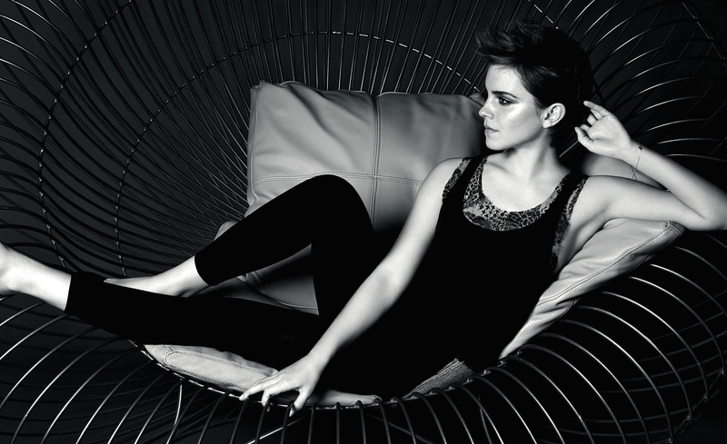lifestyles, monochrome, three quarter length, one person, young adult, front view, real people, sofa, Emma Watson, top, indoors, beautiful woman, sitting