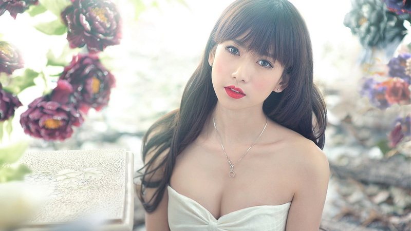 contemplation, adult, hairstyle, Asian, headshot, white dress, beautiful woman, young women, lipstick, plant, portrait, young adult, hair, front view, fashion