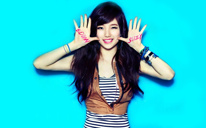 bae, blue, positive emotion, standing, colored background, blue background, korean, girls, hd, young women, arms raised, 1080P, long hair, looking at camera