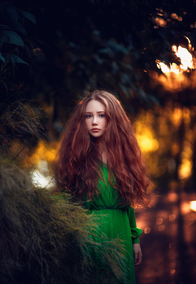 women, green dress, dress, long hair, Hakan Erenler, fantasy girl, sunlight, nature, 1080P
