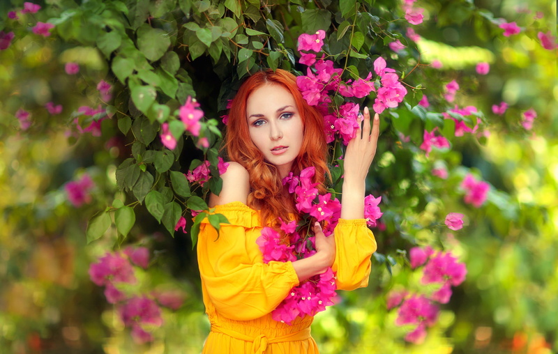 portrait, Anna Battle, look, redhead, girl, red, bougainvillea, 2K, hands, flowers, Hakan Erenler, pose