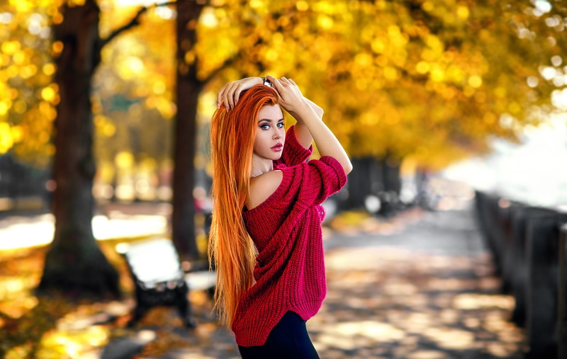women, depth of field, long hair, bench, bare shoulders, redhead, pants, juicy lips, women outdoors, sweater, portrait, side view, trees, model, touching hair