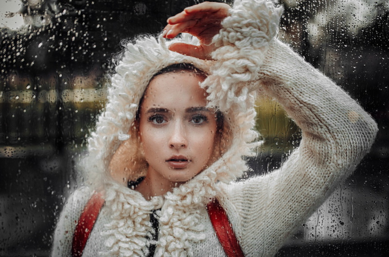 face, Hakan Erenler, glass, hood, mood, rain, 2K, hand, Faith, look, jacket, drops