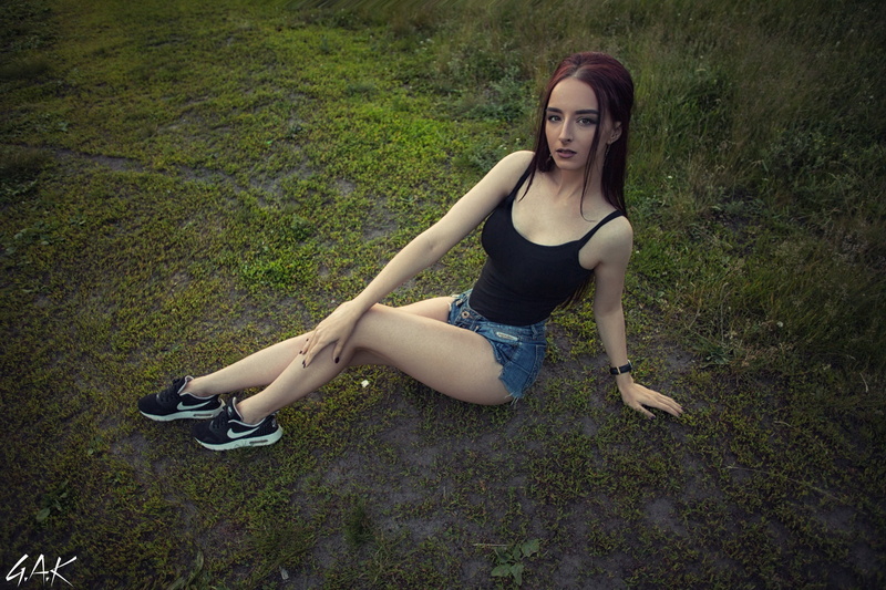 nature, high angle view, women outdoors, young women, grass, jean shorts, plant, lifestyles, beautiful woman, 2K, men, sneakers, green color, purple nails