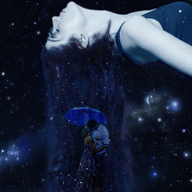 nature, night, mystery, looking, camisole, umbrella, stars, front view, adult, one person, space, men, women, sleeping, universe, blue, 480P, waist up