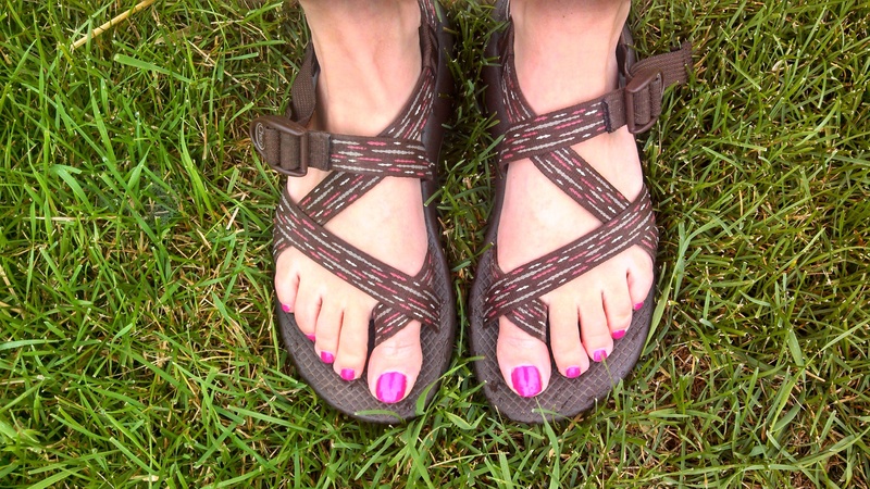 flat shoe, grass, human foot, directly above, low section, plant, toes, person, toenail, human limb, nail polish, one person, pink, day, feet, adult, human body part