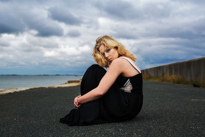 blonde, black dress, women, model, holding knees, 1080P