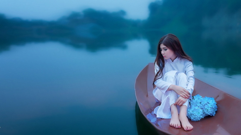brunette, women outdoors, long hair, sitting, white dress, model, holding knees, 1080P, barefoot, Asian, photo manipulation, water, women, boat, flowers
