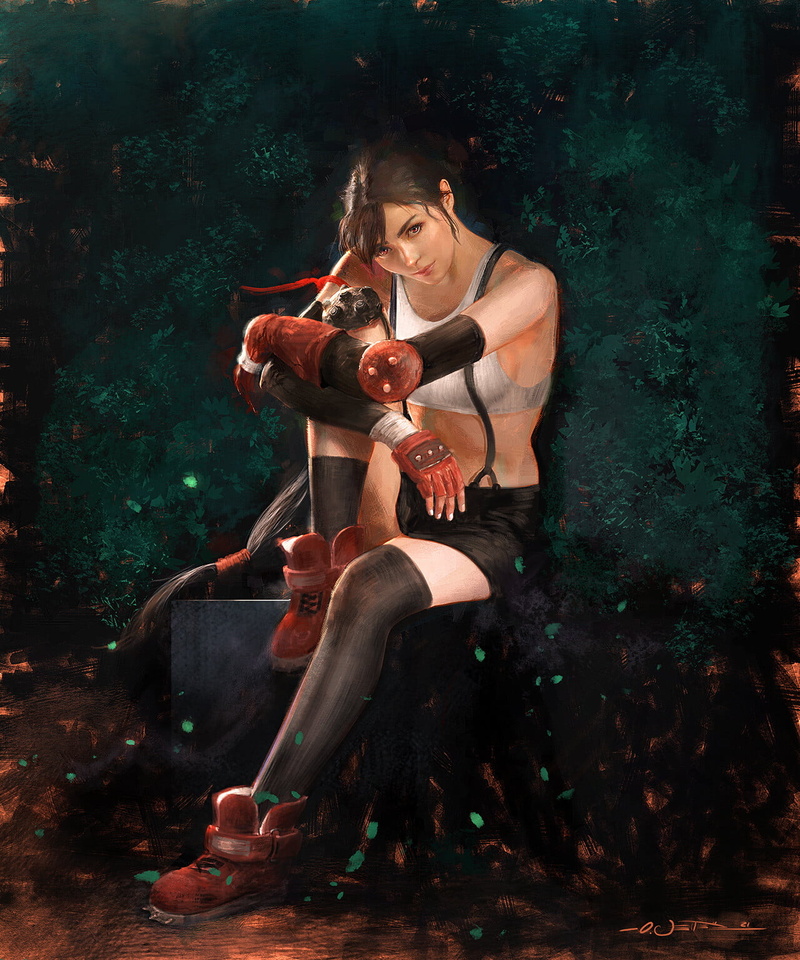 sitting, looking at viewer, ArtStation, holding knees, fan art, portrait display, Final Fantasy, drawing, video game girls, artwork, video game art, women