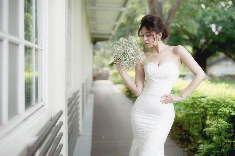 Asian, outdoors, wedding, portrait, event, hair, standing, one person, hairstyle, white dress, young women, wedding dress, adult, flowers, model, beautiful woman