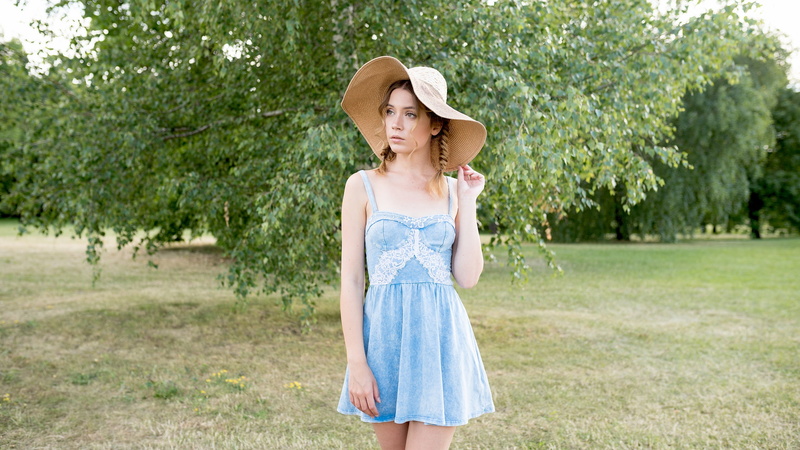 outdoors, leisure activity, sun hat, summer, hairstyle, standing, hair, straw hat, day, portrait, front view, women outdoors, plant, braids, sundress, dress