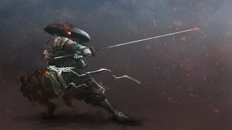 devil samurai, straw hat, Fantasy, art work, katana, 2K, red eyes