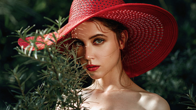 Georgy Chernyadyev, Ksenia Kokoreva, face, red lipstick, women, red, 720P, hat