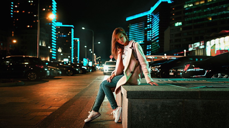 720P, jeans, pink coat, women, model, brunette, Ksenia Kokoreva, Converse, Georgy Chernyadyev