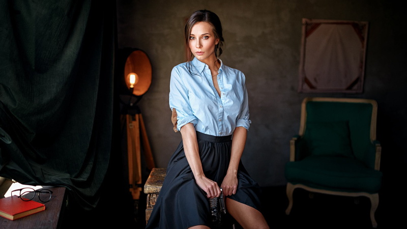 fashion, front view, lifestyles, hairstyle, Georgy Chernyadyev, standing, indoors, young adult, three quarter length, sitting, women, portrait, females
