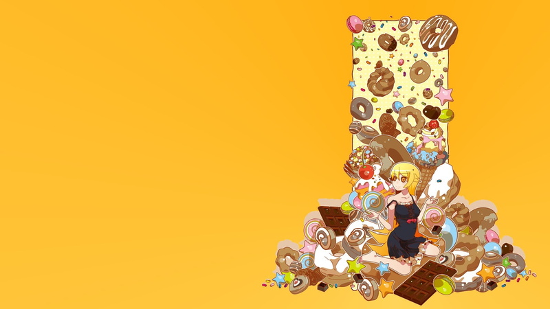 happiness, celebration, indoors, 1080P, anime, Monogatari Series, adult, people, togetherness, studio shot, human arm, donut, abundance, colored background